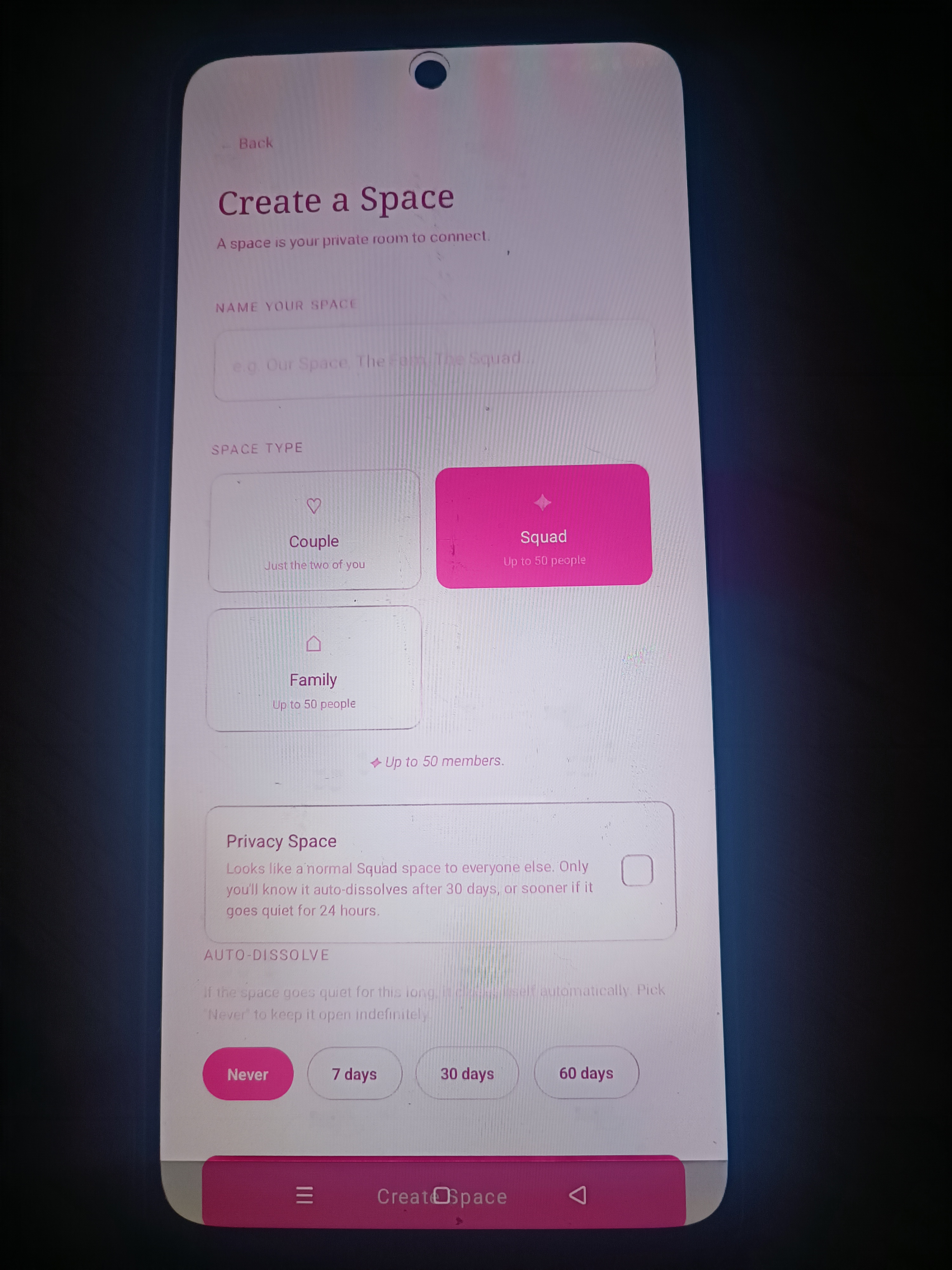 Create Space screen